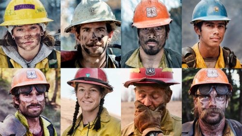 During my coverage, I talked to and photographed dozens of firefighters, some of whose names I was able to get, and some I missed in the heat of the moment.
Clockwise from top left: an AmeriCorps member working her first prescribed burn outside of Estes Park Colorado; firefighter at the Pioneer Fire in Idaho; Roosevelt Hotshot Yuzu Yamada at the Eightmile Fire in Colorado; Eric, from the Arrowhead Hotshots out of King’s Canyon National Park, California; Roosevelt Hotshot Josh Ross at the Happy Camp Complex in California; firefighter Melody Fontaine, from Shoshone National Forest, at the Hunter Peak Fire in Wyoming; a firefighter from the Bighorn Basin at the Hunter Peak Fire in Wyoming; Roosevelt Hotshot Thomas Partipilo at the Happy Camp Fire Complex in California.