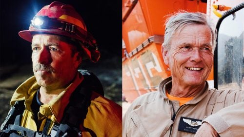 Left: Firefighter Steve Welch, from the Orange Country Fire Authority, on night-shift duty at the Soberanes Fire. Local and city firefighters are brought in to help on fires this large. Additional personnel from AmeriCorps, the California Conservation Corps, the National Guard, and the Marines will be brought in if needed. Right: Helicopter pilot Kenny Chapman at the Soberanes Fire. A pilot for more than 30 years, Chapman has lost count of how many fires he has worked.