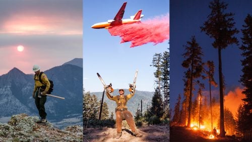 Left: Public information officer Kale Kasey, my media escort at the Hunter Peak Fire (2016) in East Yellowstone, Wyoming, walking a ridgeline. Vast amounts of smoke from this summer’s fires created wild sunsets. Center: A Roosevelt Hotshot having fun during a quick break at the Happy Camp Fire Complex in California. A large DC10 plane dumps retardant on the edge of a bulldozer line. Moments after this photo was taken, I was completely covered in pink. Right: A burn operation at the Happy Camp Fire Complex in California. Burn operations can be very dangerous depending on the type of trees in the forest. A tree in the middle of the frame ignited and created a large flaming spire.