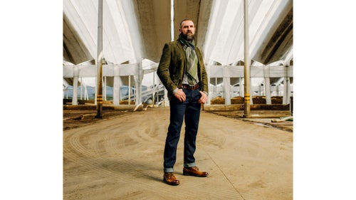 Cobain runs Patrón’s compost and recycling operations. The distillery uses the discarded fibers from agave processing—roughly 30,000 tons a year—to fertilize farms in the region and a large vegetable garden on the Hacienda property that helps feed the company’s 1,600 on-site employees. Cobain mountain-bikes in the trail systems of Bosque La Primavera—an ecological preserve 45 minutes outside Guadalajara. “It’s known as the lungs of the city,” he says.
Olive Suede jacket by Polo Ralph Lauren ($1,295); Slim Fit Dress shirt by John Varvatos ($228); Brett Booted jeans by Seven for All Mankind ($169); Roland Lace Up boots by Frye ($318); Embroidered Stripe scarf by Eileen Fischer ($98); belt by Michael Kors ($59)