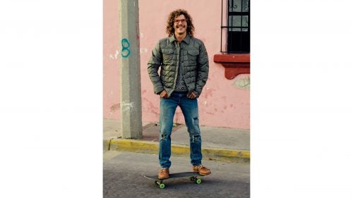 Urrea, who works for the production company Green Is Good, surfs as often as he can, especially on the Pacific breaks around Sayulita and San Pancho, an hour west by plane. The best food in Guadalajara? “I Latina shouldn’t be missed,” he says.
Lovewell Mountain Quilted jacket ($158), Simms River Fair Isle sweater ($98), and Bardstown Chukka boots ($300) by Timberland ; 511 jeans by Levi’s ($109)