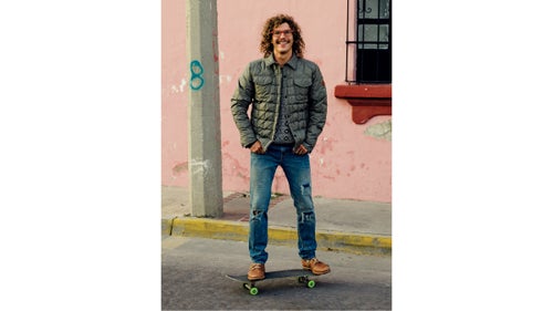 Urrea, who works for the production company Green Is Good, surfs as often as he can, especially on the Pacific breaks around Sayulita and San Pancho, an hour west by plane. The best food in Guadalajara? “I Latina shouldn’t be missed,” he says.
Lovewell Mountain Quilted jacket ($158), Simms River Fair Isle sweater ($98), and Bardstown Chukka boots ($300) by Timberland ; 511 jeans by Levi’s ($109)