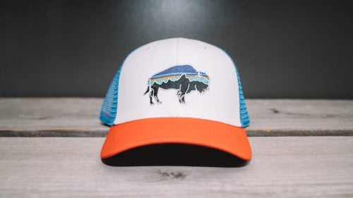 Built with a medium crown and curved bill, this hat
is for people who want a traditional ball-cap feel. Patagonia’s version uses organic cotton, and the embroidered bison includes a silhouette of the legendary Fitz Roy Mountain.