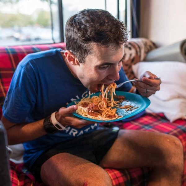 Kostelnick inhales a quick 3,000 calorie meatball and pasta lunch. A protein shake and ice cream typically accompanied the main course. Full-time crew member Cinder Wolff prepared breakfast, lunch and dinners consisting of carbs, protein and fat.