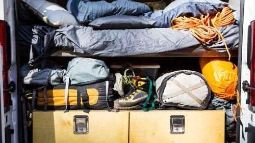 Honnold’s new van has twice as much gear storage. His old van had room for only his summer or winter gear, so one set always lived at his mom’s house. Now he can carry everything.