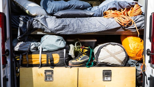 Honnold’s new van has twice as much gear storage. His old van had room for only his summer or winter gear, so one set always lived at his mom’s house. Now he can carry everything.