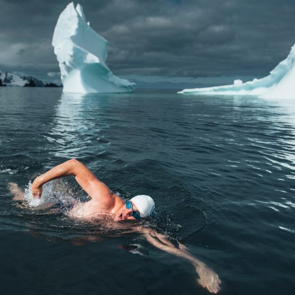Open water swimmer Lewis Pugh's most recent feat was off the coast of Antarctica.