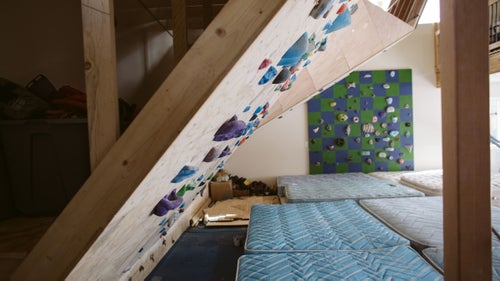 One of the bouldering walls in Caldwell’s garage.