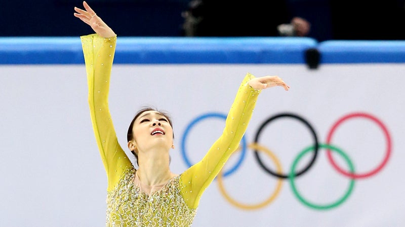 Yuna Kim of South Korea perfroms during the women's short program of the Winter Oolympics at the Iceberg Skating Palace in Sochi, on Feb. 19, 2014. The Vancouver gold medalist took the lead of the event and will aim at capturing the second straight Olympic gold medal. ( The Yomiuri Shimbun via AP Images )