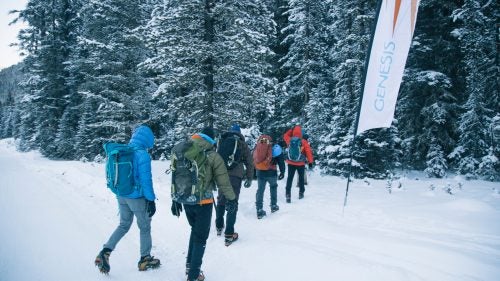 Clinic participants heading to their climbing area. Here, a group starts the approach to a spot called Genesis One.