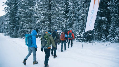 Clinic participants heading to their climbing area. Here, a group starts the approach to a spot called Genesis One.