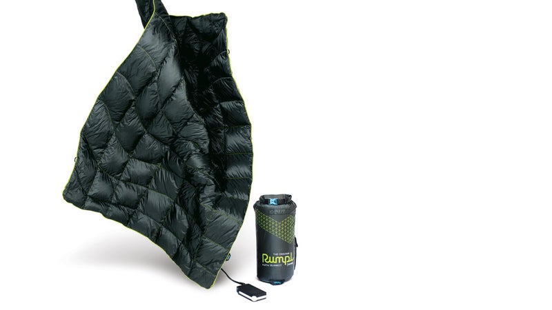Rumpl provides the blanket, the heating elements are from Ravean, and the battery is by Power Practical. The down Puffe- packs into a 6-by-12-inch stuff sack and weighs 2.1 pounds.