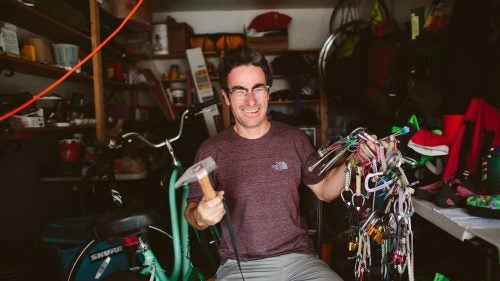 Welcome to professional climber Cedar Wright’s Boulder gear shed, or, as he calls it, his “discombobulated junk show.” It’s also an adventure athlete’s paradise packed into a one-car garage that’s bursting with ice climbing, paragliding, big-wall climbing, and biking equipment stacked in neat—and not so neat—piles.