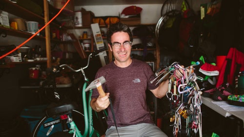 Welcome to professional climber Cedar Wright’s Boulder gear shed, or, as he calls it, his “discombobulated junk show.” It’s also an adventure athlete’s paradise packed into a one-car garage that’s bursting with ice climbing, paragliding, big-wall climbing, and biking equipment stacked in neat—and not so neat—piles.