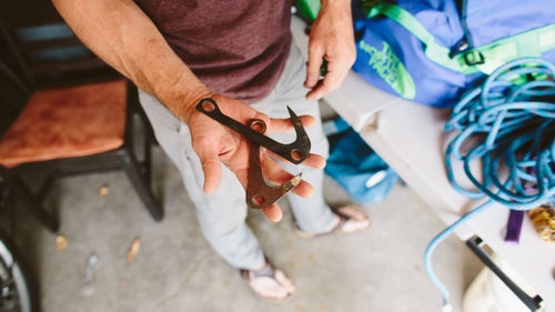 Handmade climbing hooks Wright picked up in the Ukraine. “They’re super bomber.”