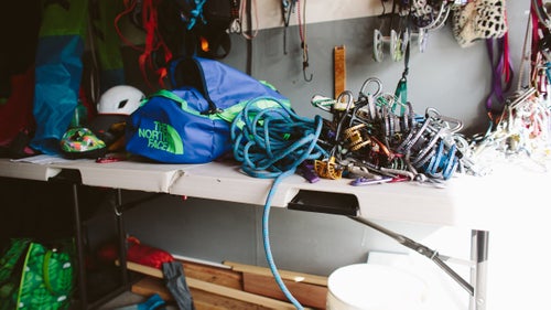 When we stopped by last fall, Wright had all his climbing gear laid out in preparation for a Moab trip.
