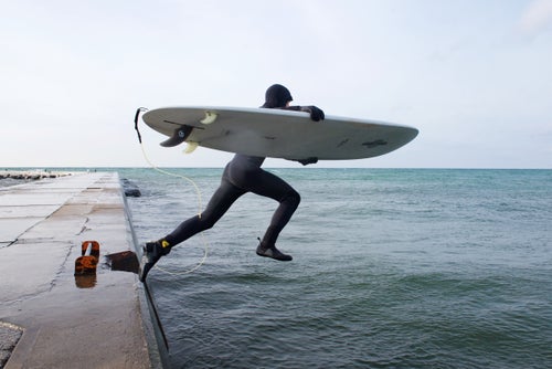 Sure, the Great Lakes have a lot to offer when it comes to recreation, but the region still doesn’t make many surfing or fishing bucket lists. But for those willing to fight the weather, there’s plenty of feisty winter steelhead and freshwater waves to be chased, all in the same weekend. Photographer Daniel Shepler kicked off his trip looking for waves on Michigan’s Sleeping Bear Dunes National Lakeshore, then finished it off with some fishing on one of the dozens of rivers that flow into Lake Superior on the Upper Peninsula. Photo: Surfer Jake Therrien making the leap into the icy water of Lake Michigan.