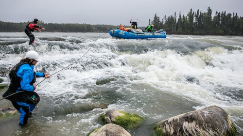 After navigating some high-volume rapids, the expedition encountered the unrunnable White Mud Falls. The crew selected Eve's Falls as an alternate route, and rigged ropes to keep the rafts away from dangerous holes.