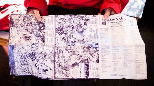 Patrol Map
Squaw’s patrol map is a much more detailed version of the trail map the resort hands out to customers. For example, it has a grid system that helps McElroy and her fellow patrollers more accurately communicate the locations of accidents and avalanche work. It also includes radio codes and a detailed rescue equipment inventory for each patrol shack.