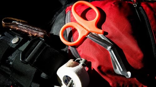 Tape and Trauma Shears
McElroy keeps medical tape and trauma shears handy for accidents, but she uses them more often for managing boundary ropes. The ropes easily fray when cut, so McElroy first tapes the ropes and then cuts them through the tape to leave two unfrayed ends.