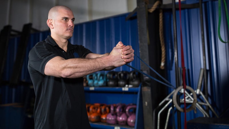 Charlie Bausman demonstrates an anti-rotation routine at the Mountain Tactical Institute in Jackson, Wyoming.