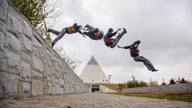Ryan Doyle performs parkour in Kazakhstan.