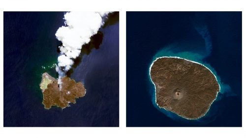 Nishinoshima is a volcanic island located 940 kilometres (584 miles) south of Tokyo, Japan. Starting in November 2013, the volcano began to erupt and continued to do so until August 2015. Over the course of the eruption, the area of the island grew in size from .2 square miles to .89 square miles. These two shows the island mid-eruption in July 2014, and once again in the same location in January 2016, after the eruption ceased.