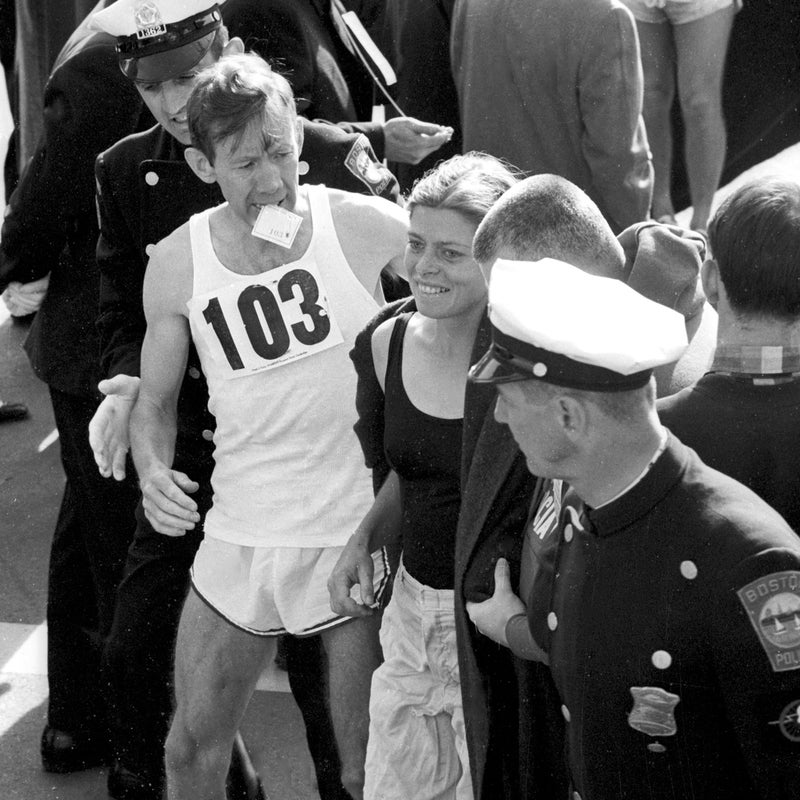 Roberta Gibb is all smiles on Boylston Street after becoming the first woman to complete the Boston Marathon.