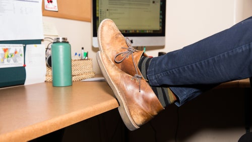 Clarks Desert Boots ($130)
I bought these boots to keep my feet dry in the snow and mud, and because they fit well. They used to be nice—like fancy nice. I could have worn them to a job interview if I wanted. But I didn’t like them as much back then. Now, they’re better. I’d still wear them to a job interview, though—no one wants a job that looks down on a pair of old boots. —Matt Skenazy, senior editor