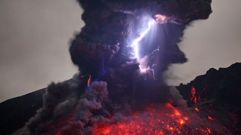 Lightning and lava meet at Japan's Sakurajima Volcano.