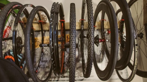 Baddick built his own wheel rack to keep all the hoops organized and out of the way.