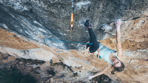 Hayes gathers herself mentally before climbing the last 16 feet to the anchors of La Rambla.