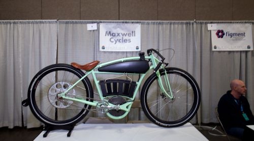 “I’m a motorcycle guy,” says Kevin Ostrom of Maxwell Bicycles in Rochester, New York. “So I built something a little bit different.” The Maxwell XO1 is a tribute to board-track racing motorcycles and has a 1,000-watt motor and regenerative braking. Ostrom says most of the bicycles he’s created are hung as installation art.