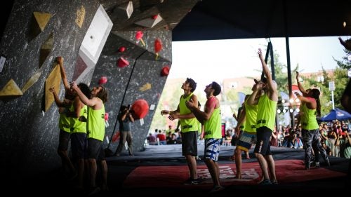 Before the competition began, everyone was given a sneak-peek at the problems. Here, competitors study the final (and hardest) route of the night.