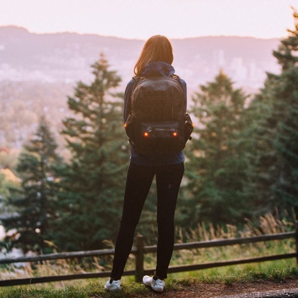 The Showers Pass Transit bag is great for every type of weather, features a U-locket pocket, and has red lights built in to keep you safe while riding.