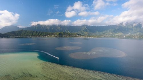 The windward coast of Oahu is world-renowned for its scenic vistas. The commanding peaks of the Ko’olau Range are the cornerstone of these famous views, dwarfing the communities that lie at their base. Pictured here, a boat motors through Kāne’ohe Bay on a calm morning inside the extinct Ko’olau volcano.