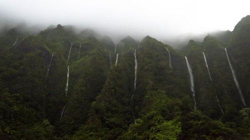 Water is the most prominent element on these mountains. It slowly erodes the volcanic rock, creating narrow ridges and unstable terrain. On days with significant precipitation, the vertical chutes on the east side of the range fill with water and create numerous waterfalls. The narrow summit ridge has no room for water to build up, making these waterfalls elusive and short-lived. The Ko’olau Range receives, on average, about 200 inches of rain per year.