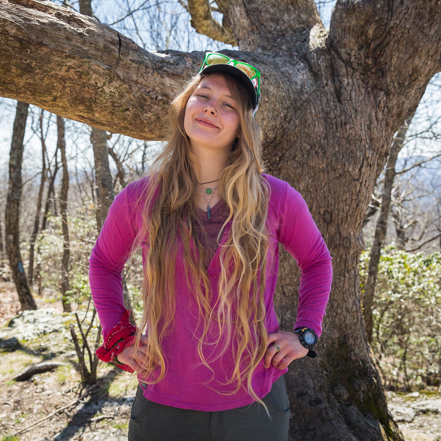 Athena
Age: 23
From: Salem, Massachusetts
Occupation: Chef
Luxury Item: Whiskey
“I hiked Katahdin when I was 14 and got the outdoors bug. My family owns a Christmas tree farm 40 miles north of Katahdin, so my plan is to hike up and over Katahdin and keep going until I get back to my land. My grandfather is 93. He told me, ‘If I haven’t yet died, I’ll be there to meet you.’”