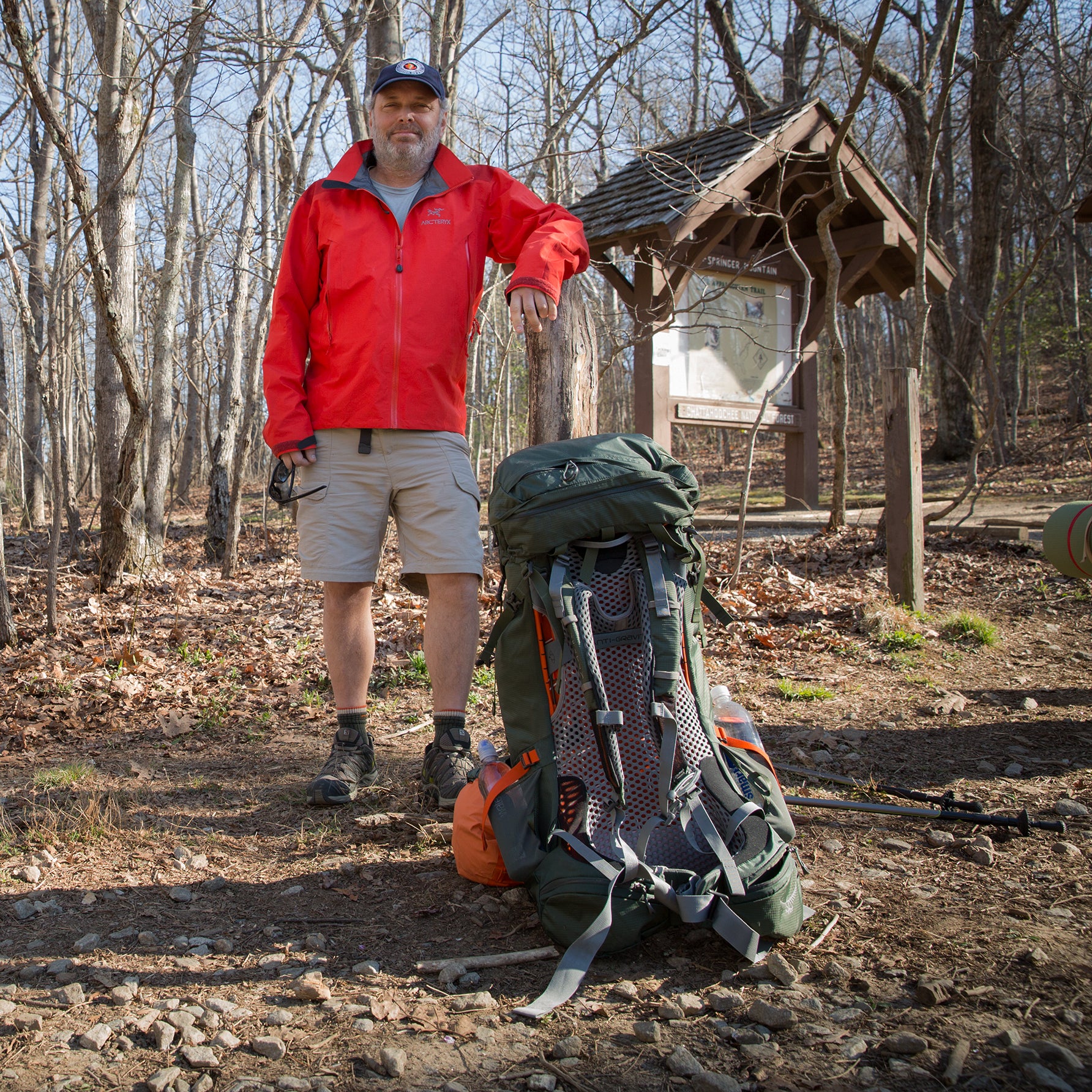 David
Age: 51
From: Ashland, Ohio
Occupation: Firefighter/paramedic
Luxury Item: Battalion cap
“I went to the firefighting academy 20 years ago. A buddy of mine there told me how he planned to hike the A.T. after we graduated. He got called up to duty before he could, but I’ve had it in the back of my mind ever since. I’m not much of a hiker. But I’ve done a bunch of cross-country bike trips, so I get the idea of endurance. My gear is really old-school: I have a 30-year-old tent I adore, and a stinky old sleeping bag.”