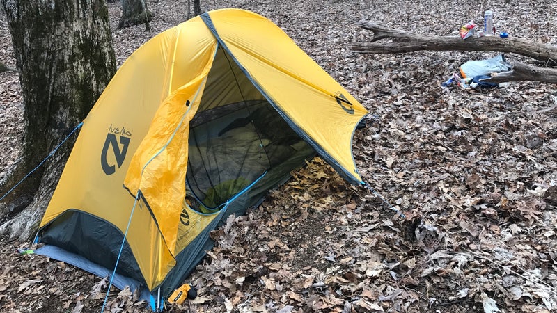 Sanders' small Nemo tent and 2.5 inch pad are keeping him well rested.