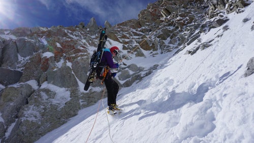 Emilie Drinkwater completing the rappel on the northeast couloir of the Pfeifferhorn, one of the final lines of the project. After skiing this line, we went back up to ski the Pfeifferhorn’s northwest couloir, making for a legendary ladies’ ski-mountaineering day in the Wasatch backcountry.