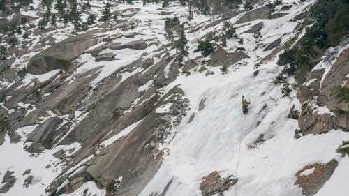 The book’s often-cryptic descriptions of lines keep things interesting. Here, some exploratory ice climbing to ski in the White Pearl, low in Little Cottonwood Canyon.