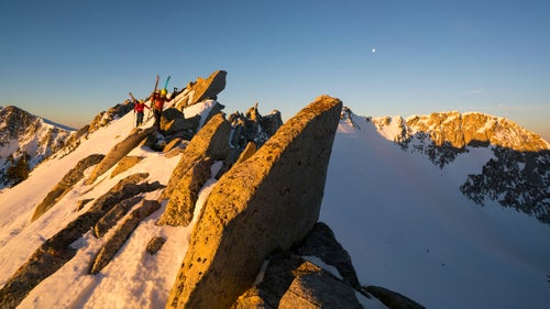 Walking along Thunder Ridge at first light with Rob Lea, one of my best partners for the project, en route to Montgomery Couloir, a very steep, narrow chute with a 75-foot cliff in the middle. Early starts were necessary so we could ski before the sun warmed the snowpack. You don’t want to know how early we woke up for this.