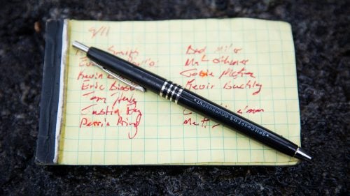 A basic pen and notepad are part of every rescue. If Smith is the incident commander, he’ll write down the names of his team members and assign roles to each one. On a helicopter rescue, he’ll total up the weight of the crew and gear for a quick manifest. He also records patient medical notes and the precise time when the helicopter will run out of fuel.