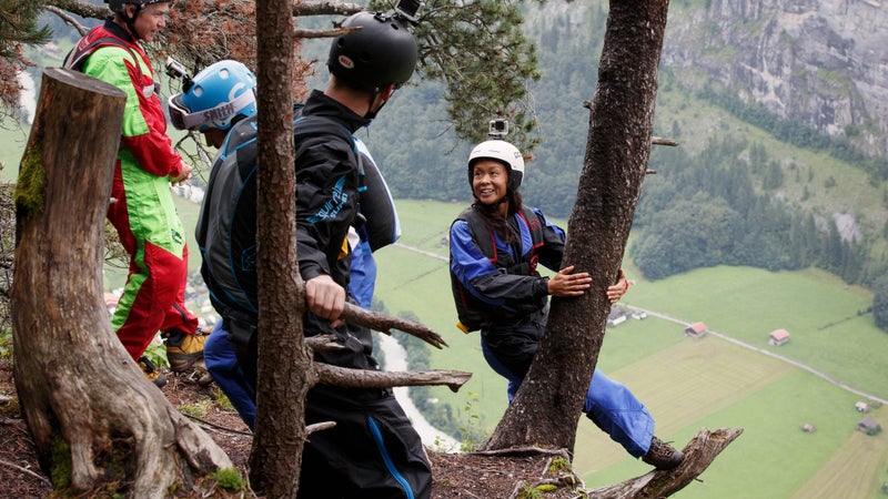 Kat Donahue prepares to jump at the La Mousse exit point in Lauterbrunnen Valley.