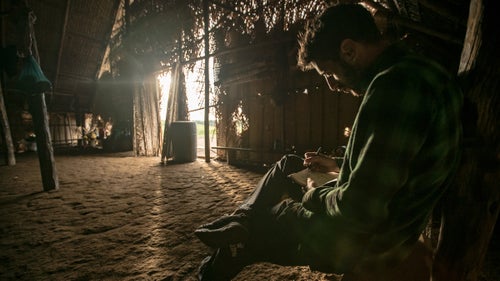 On April 19, in a hut in Buenos Aires, Aniol Serrasolses writes in his journal the morning after the team first encountered FARC rebels a few miles upstream and had been released. He had planned to catch a flight out from Buenos Aires partway through the trip to compete at a paddling event in the U.S. While he stayed behind to arrange a flight, the rest of the team resupplied with food and water in the village and paddled down to JiriJirimo Falls to spend the night. They planned to continue their trip the next day.
