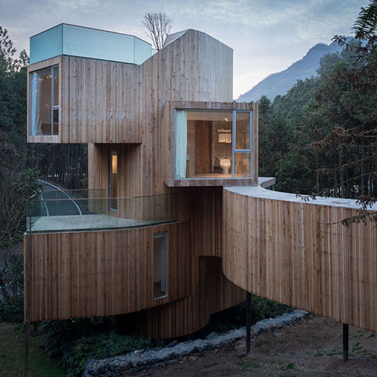 A seven-story tree house tucked away in the forrest in China.