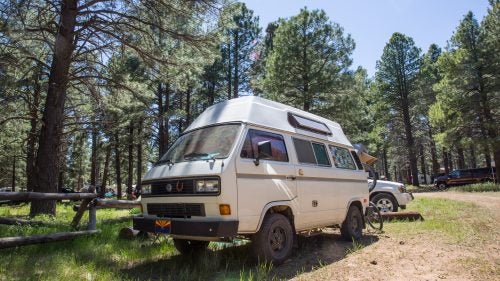 1986 Volkswagen Type 2 T3 Vanagon High Top
Kristen and Steve Zaporowski of Tucson, Arizona, own this Vanagon High Top, which has an engine from GoWesty, the country’s most well-known VW-van restoration shop. It’s also lifted, with all-terrain tires and a bike rack, and has a totally renovated interior.