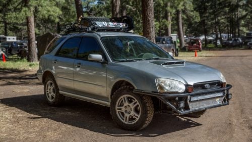 2004 Subaru WRX Wagon
Vans, Tacomas, and Jeeps were the most popular vehicles at the expo. But there were also a handful of tricked-out Subarus, which we’ve always loved for their smart all-wheel-drive systems. This one, owned by Parker Pulido of Las Vegas, Nevada, still has its stock turbo engine but came to the Expo outfitted with all-terrain tires, a new front bumper and light bar, undercarriage armor to protect the differential, and stiffer Forester struts. All that turns an already capable little car into an off-roading beast.