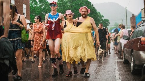 Beginning in 1987, for three days each spring, 20,000 hikers descend on the sleepy burg of Damascus, Virginia, population 802, for Trail Days, the Appalachian Trail’s largest annual festival. Part Burning Man, part Camino de Santiago, part Fringe Festival thrown in for good measure, Trail Days is 72 hours of hiking mayhem. There are vendors, film screenings, book signings, and lectures.
Thru-hikers either try to plan their start times such that they walk into Damascus on their own two feet, or they hitch rides and pay for shuttles. Many alums come back year after year for the marathon bonfires, the garish parade (above), the endless free junk food and trail magic. It’s where more than a few marriages have begun (and some have ended in spectacular fashion). It’s also a big boon to a community that watched the lumber boom come and go and has struggled to remake itself every since.
“Damascus was really suffering from the loss of jobs,” says Suzanne Lay, executive vice president of the regional chamber of commerce. “Trail Days is a bigger boost than any of us would have thought possible.”